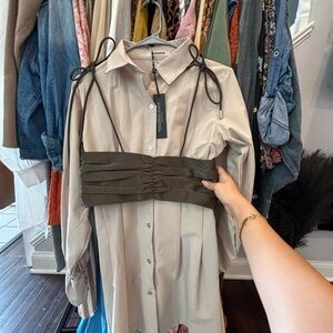 Maniere De Voir Beige Shirt Dress with Olive Corset